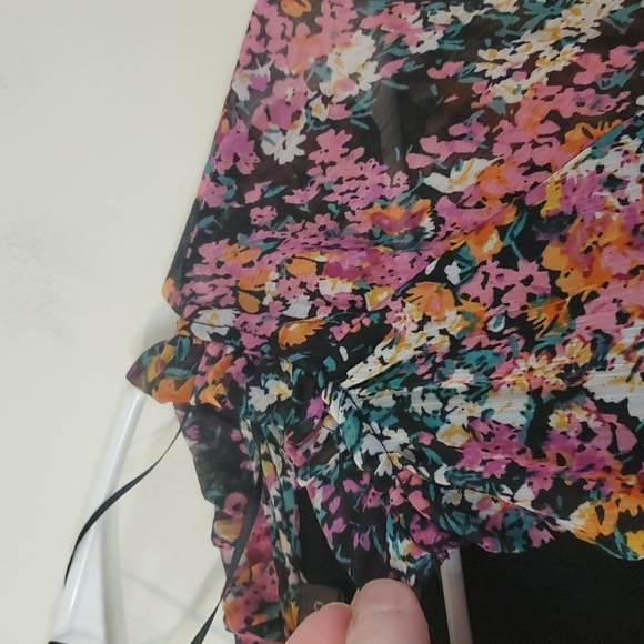 Vince Camuto Floral Babydoll Mini Dress Size Large Sheer Longsleeve Split V-Neck - Picture 9 of 13